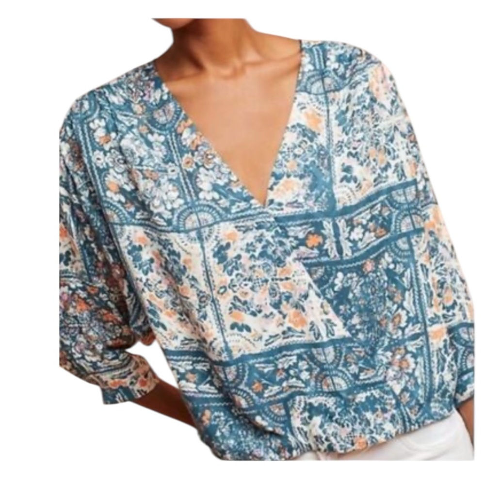 Maeve Anthropologie Blouse Floral Cream Blue Turquoise Small